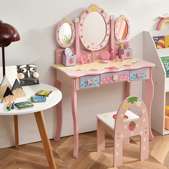 ZONEKIZ Kinderkaptafel, kaptafel voor kinderen, make-upbureau voor meisjes met spiegel, kruk, lade, voor leeftijden 3-6 jaar - roze