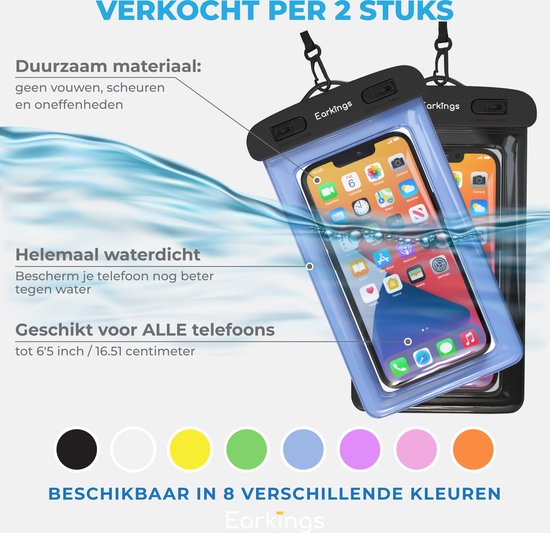 Set van 2 EarKings telefoonhoesjes, zwart en lichtblauw, met smartphone. Beschikbaar in 8 kleuren.