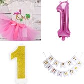 5-delige cakesmash kleding en decoratie set Tropical roze goud wit - cakesmash - maat 80 - 1e verjaardag - flamingo