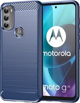 Motorola Moto G71 Hoesje - MobyDefend TPU Gelcase - Geborsteld Metaal + Carbonlook - Navy Blauw - GSM Hoesje - Telefoonhoesje Geschikt Voor Motorola Moto G71