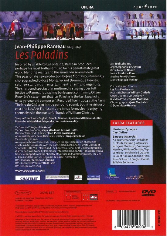 DVD hoes met tekst en logo's, met een scène uit de opera Les Paladins.