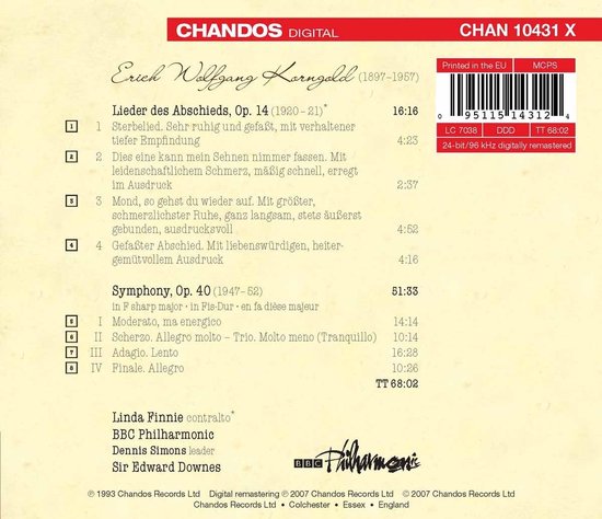 Linzy Finnie Linda Finnie, BBC Philharmonic Orchestra - Korngold: Lieder des ...