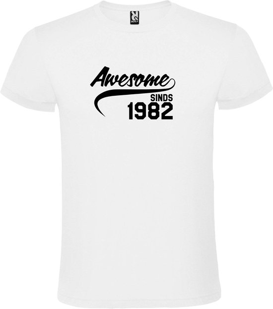 Wit T-shirt ‘Awesome Sinds 1982’ Zwart Maat S
