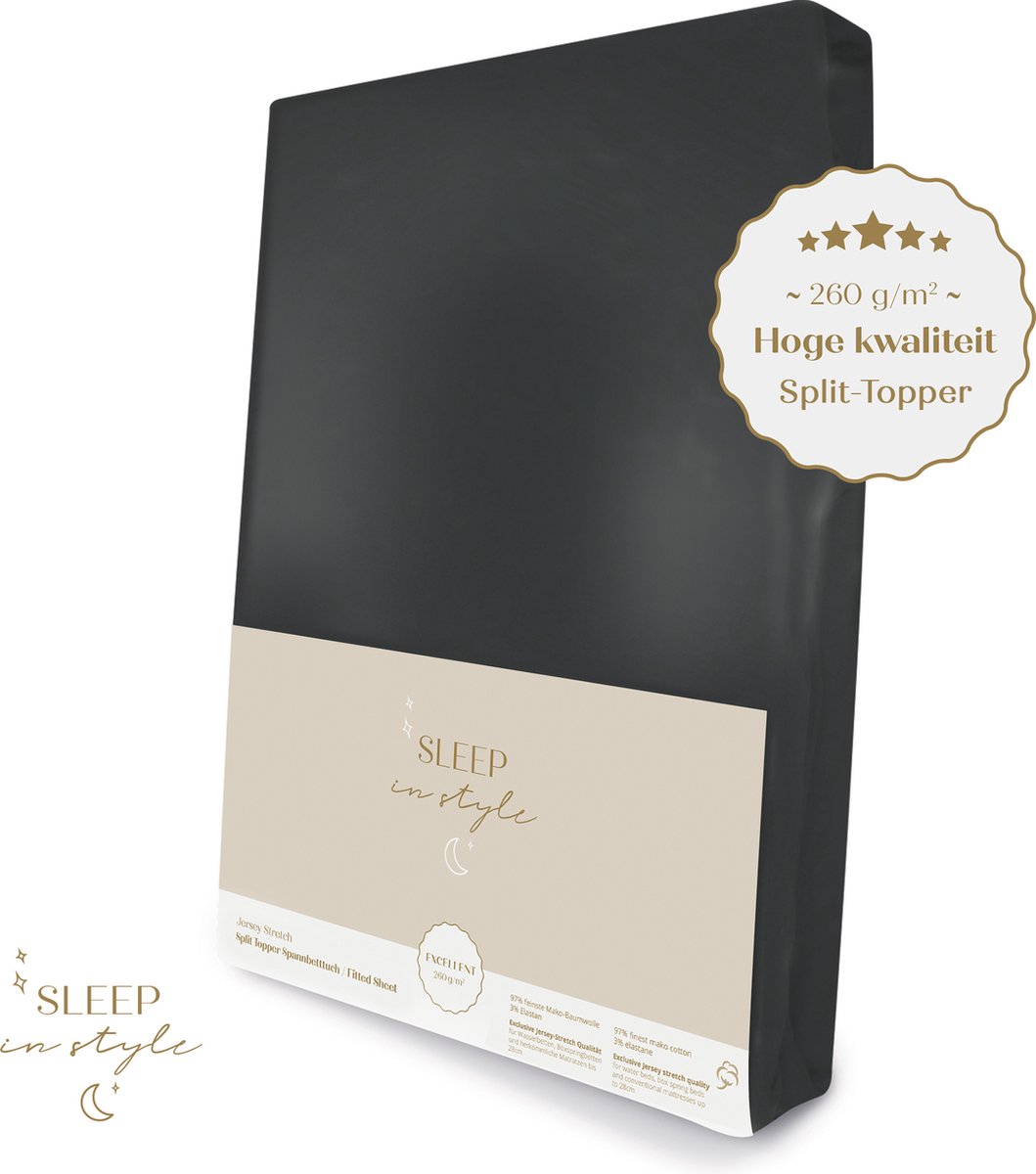 Hoge hotelkwaliteit Jersey Hoeslaken voor SPLIT-TOPPER - 160x200 cm - (tot 10 cm hoogte) - 260 grams -Zwart