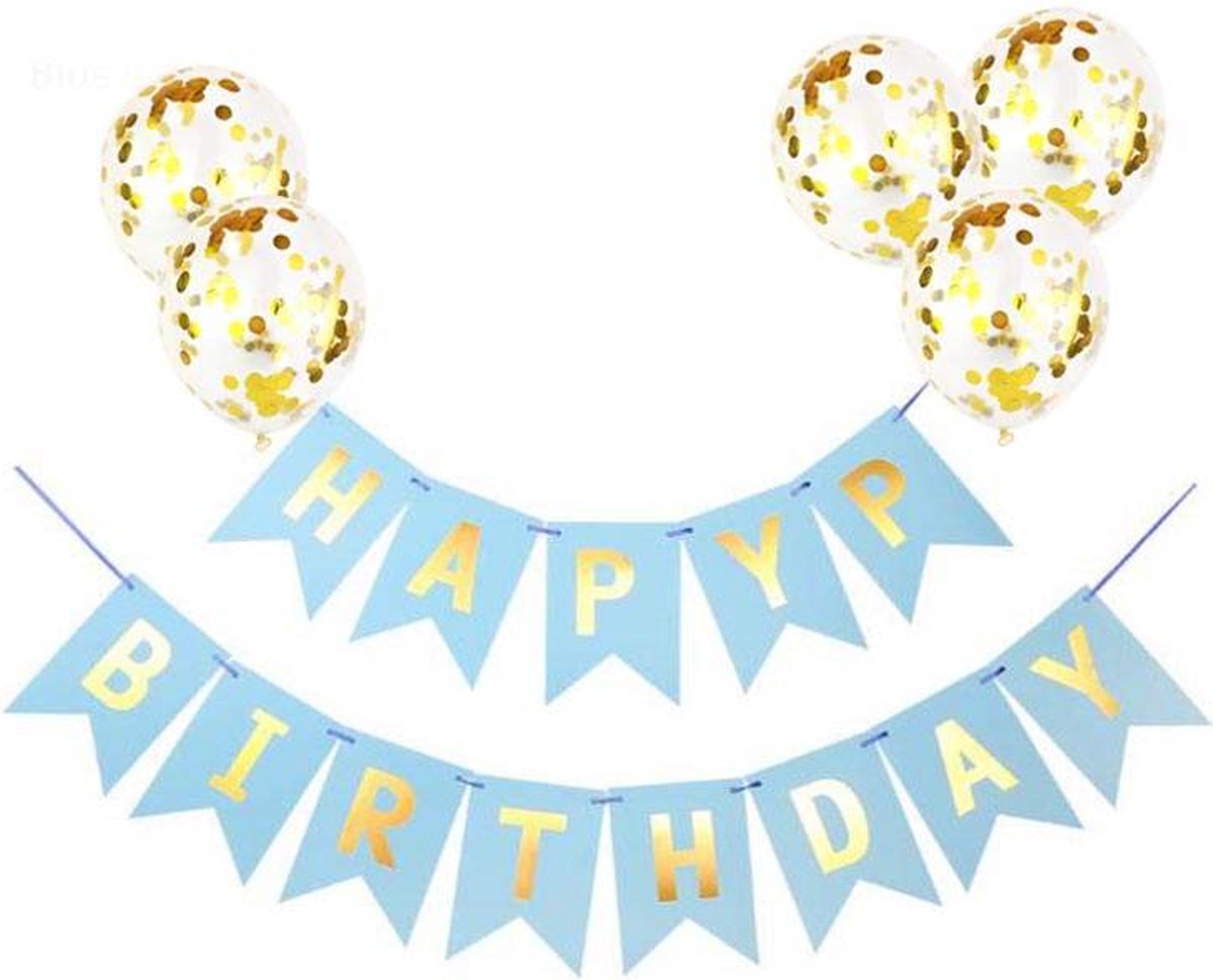 Joya Party® Verjaardag Slinger Blauw & Goud met Papieren Confetti Ballonnen | Feest Decoratie | Verjaardag | Happy Birthday | Letterslinger