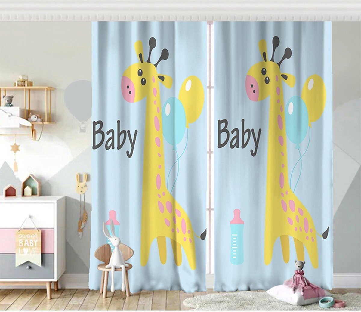 Zethome - Gordijn - 140x260 cm - Kant en Klaar - Geschikt voor een rail of Roede - Digitaal Printen - Washbar - Blauw Giraffe- 2 Stuks - Totale Breedte 280cm