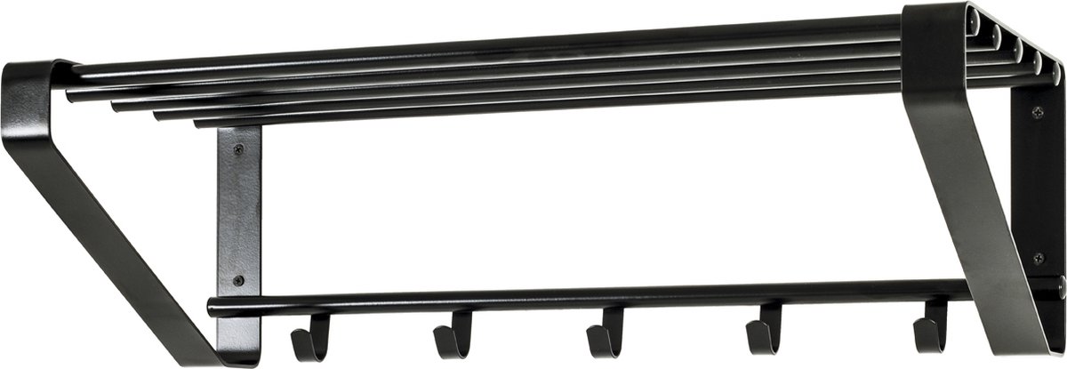 Wandkapstok – Zwart rondstaal – Hoedenplank met 5 haken – 65x30x20 cm – Heavy-duty uitvoering