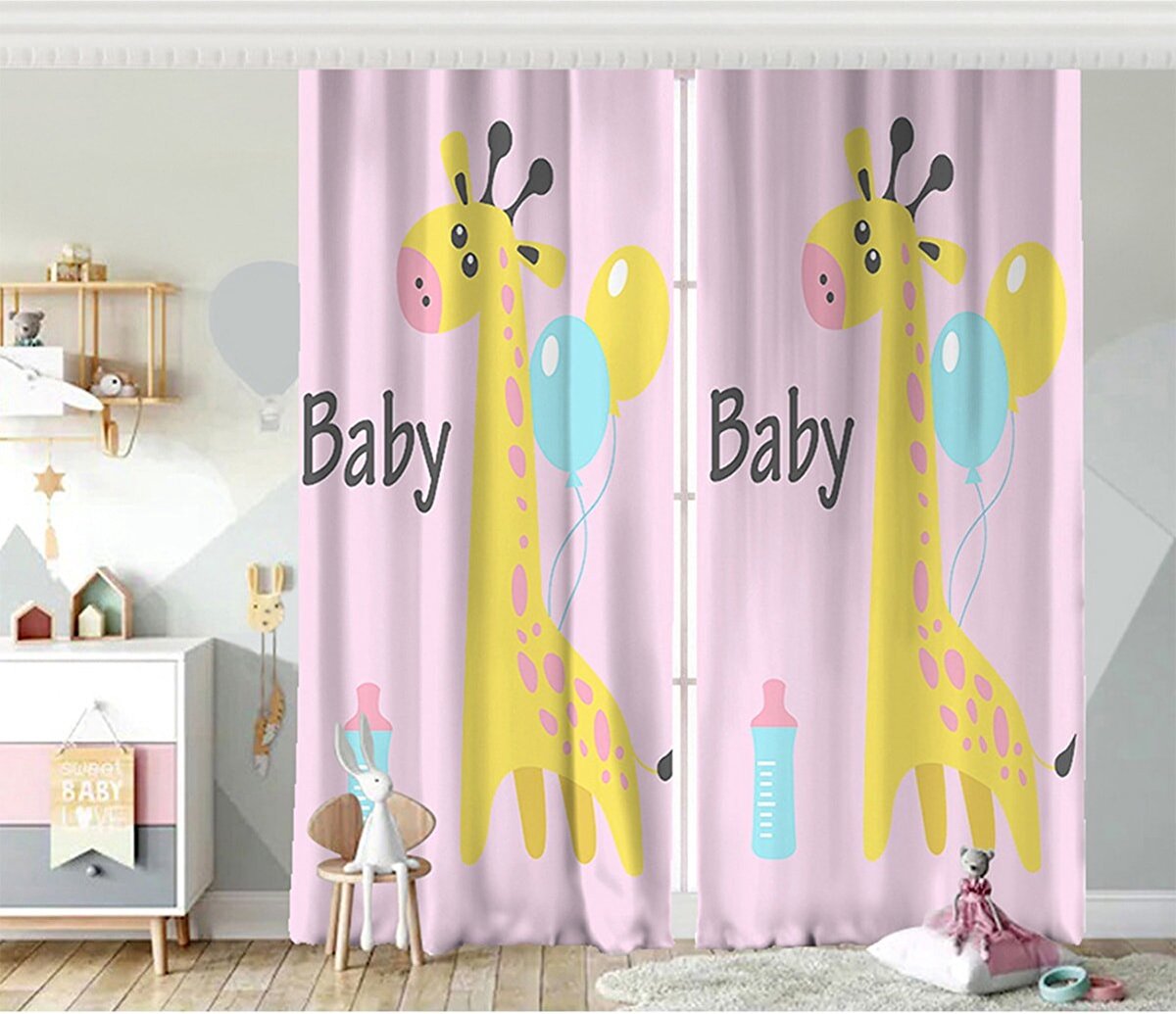 Zethome - Gordijn - 140x260 cm - Kant en Klaar - Geschikt voor een rail of Roede - Digitaal Printen - Washbar - Giraffe- 2 Stuks - Totale Breedte 280cm
