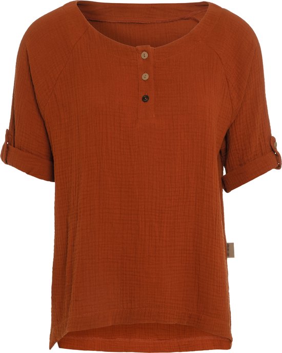 Knit Factory Nena Top - Shirt voor het voorjaar en de zomer - Dames Top - Dames shirt - Zomertop - Zomershirt - Ruime pasvorm - Duurzaam & milieuvriendelijk - Opgerolde mouw - Terra - Oranje - S - 100% Biologisch katoen