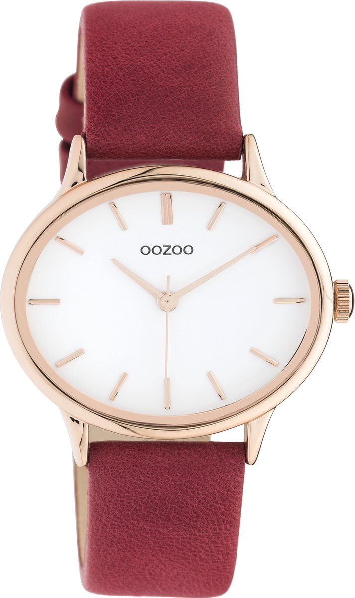 OOZOO Timepieces - rosé goudkleurige horloge met rood leren band - C10942 - Ø38