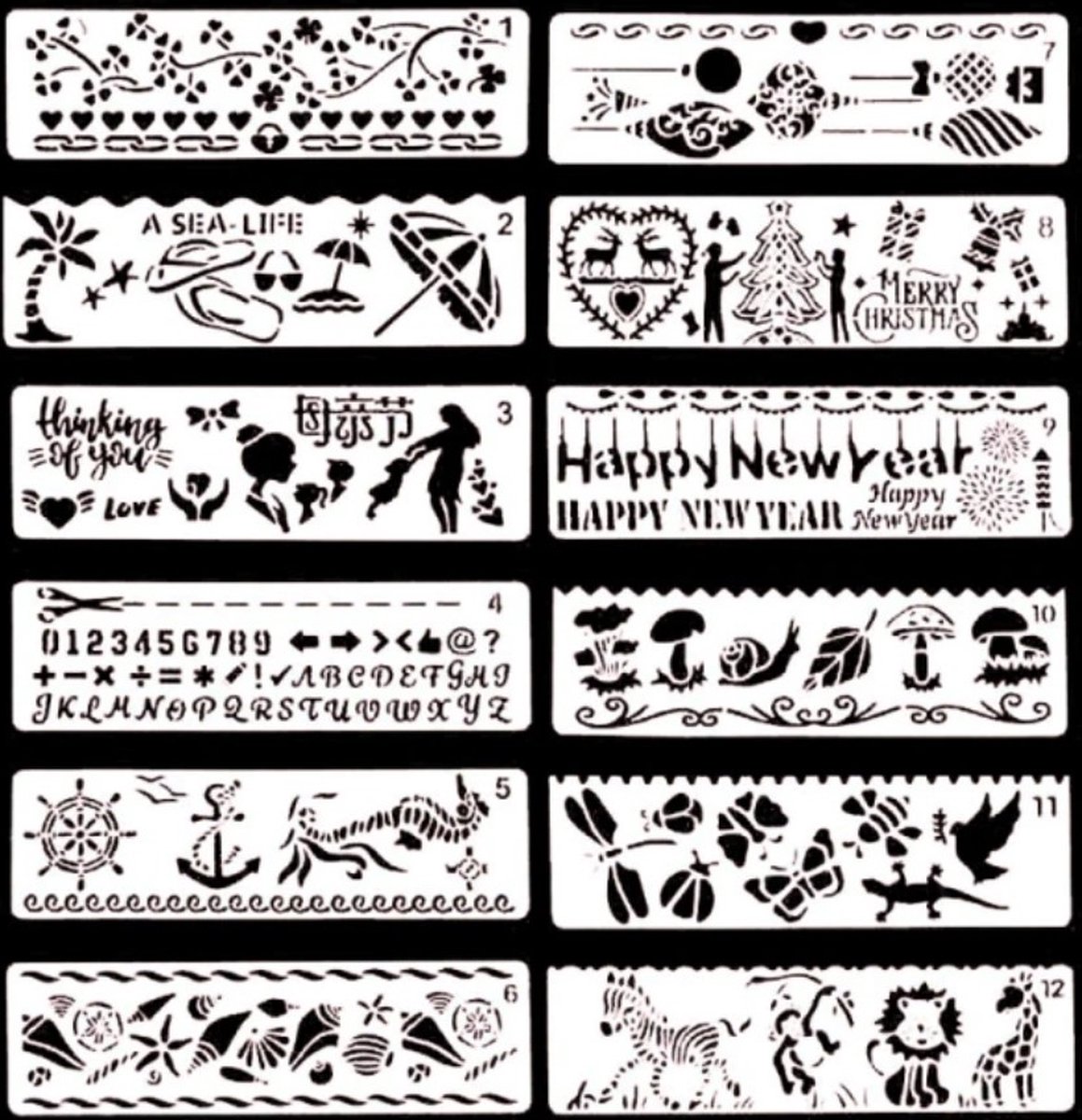 Bullet Journal Plastic Stencils - 12 stuks - Templates - Happy New Year - Merry Christmas - Dieren - Zee - Strand - Planten - Herfst - Paddestoelen - Sjablonen - 5,5 x 18,5cm - Handlettering toolkit - Knutselen - Decoratie - Accessoires