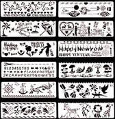 Bullet Journal Plastic Stencils - 12 stuks - Templates - Happy New Year - Merry Christmas - Dieren - Zee - Strand - Planten - Herfst - Paddestoelen - Sjablonen - 5,5 x 18,5cm - Han