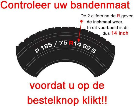 Bandenmaat 185/75 R14 82S met 14 inch velg.
