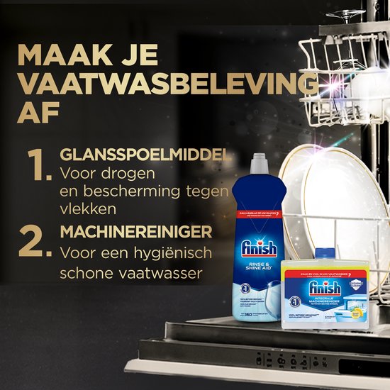Finish Rinse & Shine Aid en integral vaatwastabletten, met tekst "Maak je vaatwasbeleving af".