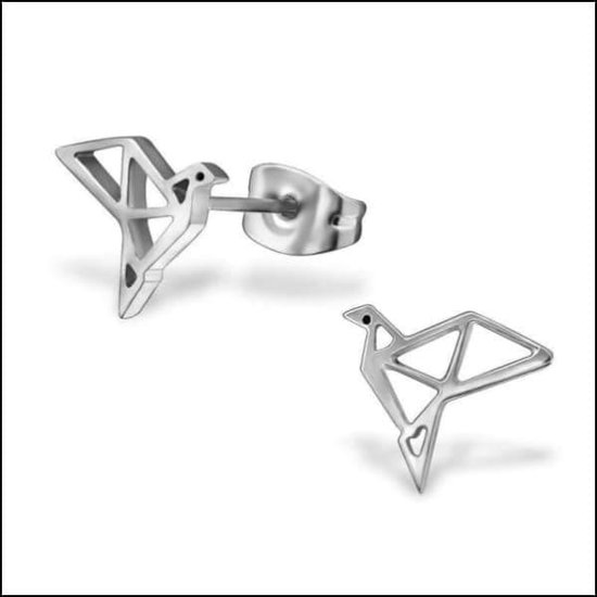 Aramat jewels ® - Oorbellen zweerknopjes origami vogel zilverkleurig staal 9mm
