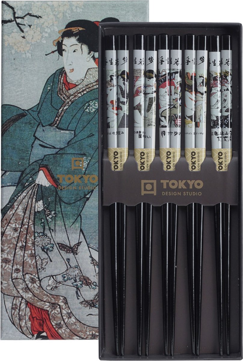Tokyo Design Studio - Chopsticks Set - Eetstokjes Hout - Inclusief Geschenkdoos - Geisha - Set van 5 paar