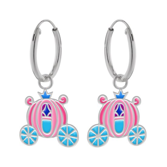 Oorbellen meisjes zilver | Zilveren oorbellen met hanger, roze koets met blauwe details