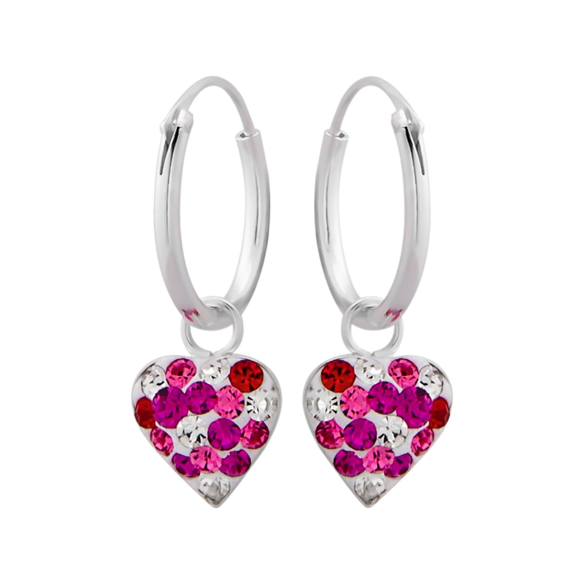 Oorbellen meisjes zilver | Zilveren oorbellen met hanger, wit hartje met roze en rode kristallen