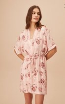 Suwen- Dames Ochtendjas / Kimono Bloemen Print Oudroze Maat M
