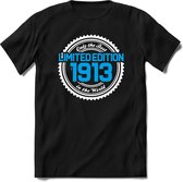 1913 Limited Edition | Feest Kado T-Shirt Heren - Dames | Wit - Blauw | Perfect Verjaardag Cadeau Shirt | Grappige Spreuken - Zinnen - Teksten | Maat S