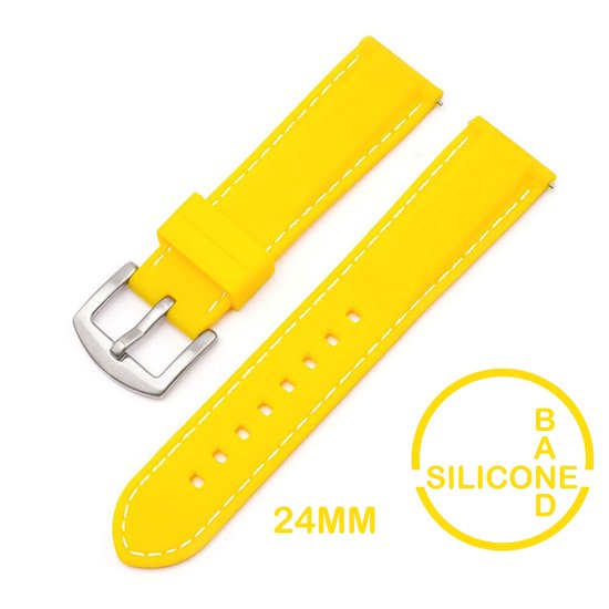 24mm Rubber Siliconen horlogeband GEEL met witte stiksels passend op o.a Casio Seiko Citizen en alle andere merken - 24 mm Bandje - Horlogebandje horlogeband