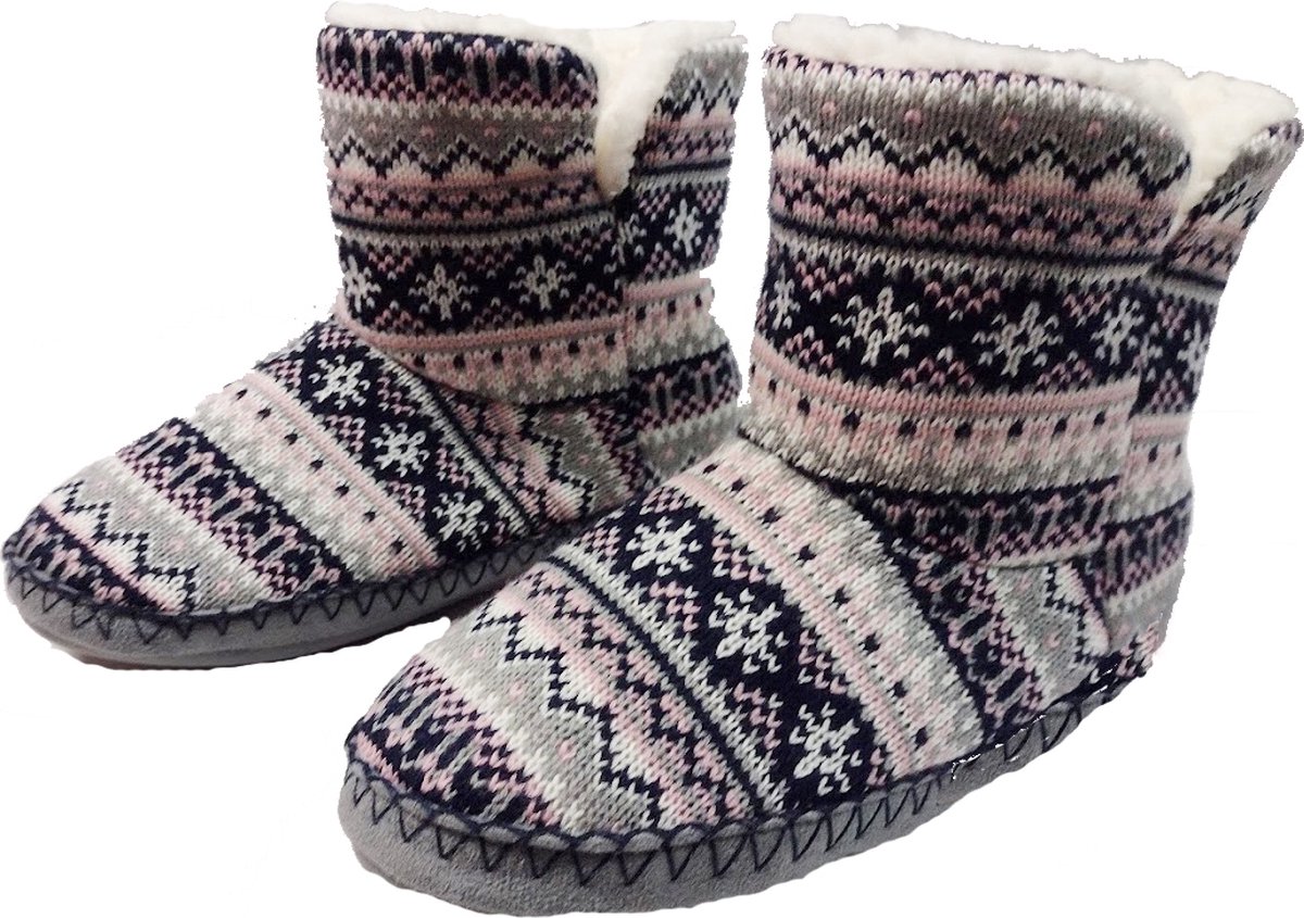Pantoffels Noors motief - hoge gebreide slofsokken - nepbont voering - huissloffen - roze blauw 40/41