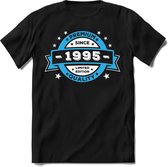 1995 Premium Quality | Feest Kado T-Shirt Heren - Dames | Blauw - Wit | Perfect Verjaardag Cadeau Shirt | Grappige Spreuken - Zinnen - Teksten | Maat S