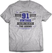 91 Jaar Legend - Feest kado T-Shirt Heren / Dames - Antraciet Grijs / Donker Blauw - Perfect Verjaardag Cadeau Shirt - grappige Spreuken, Zinnen en Teksten. Maat S