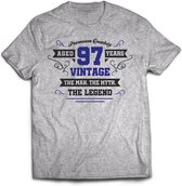 97 Jaar Legend - Feest kado T-Shirt Heren / Dames - Antraciet Grijs / Donker Blauw - Perfect Verjaardag Cadeau Shirt - grappige Spreuken, Zinnen en Teksten. Maat 3XL