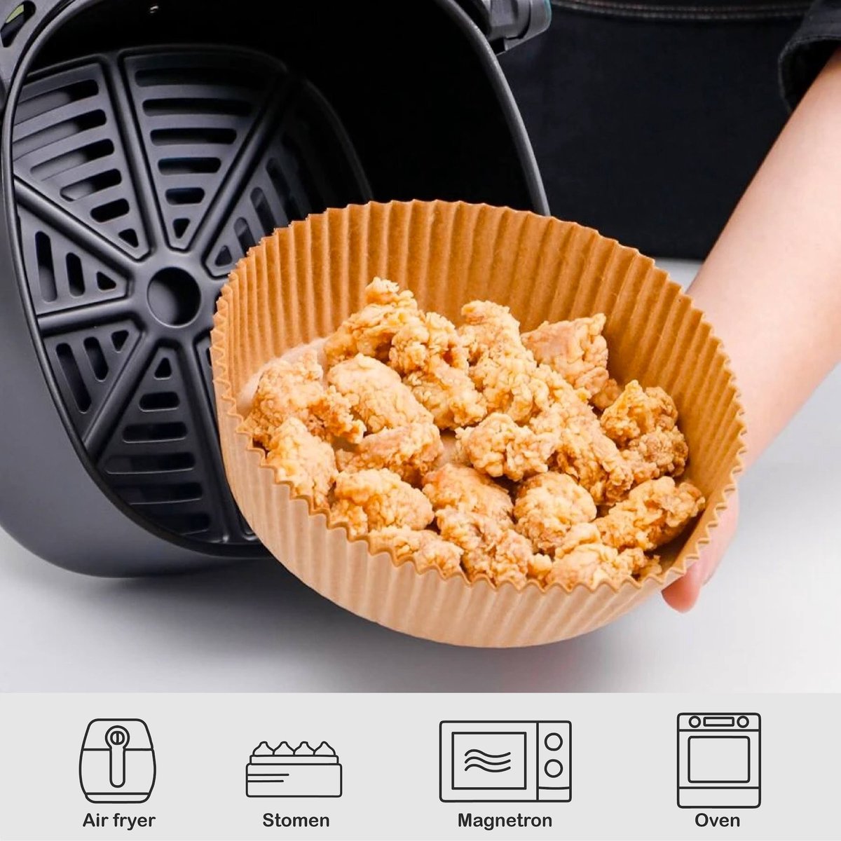 Airfryer Wegwerp Bakjes (100 stuks) - Airfryer Bakpapier - Airfryer Bakvorm - Airfryer Bakjes - Bakpapier Rond - Airfryer Accesoires - Airfryer Wegwerp bakjes - Heteluchtfriteuseaccessoires - Bakpapier Airfryer - Non Stick - 100 stuks - 20 CM - Bruin