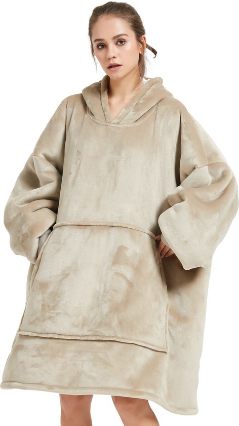 Q-Living Hoodie Deken - Snuggie - Plaid Met Mouwen - Snuggle Hoodie - Fleece Deken Met Mouwen - 1450 gram - Kaki