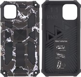 Hoesje Geschikt voor iPhone 11 Pro Hoesje - Rugged Extreme Backcover Marmer Camouflage met Kickstand - Zwart