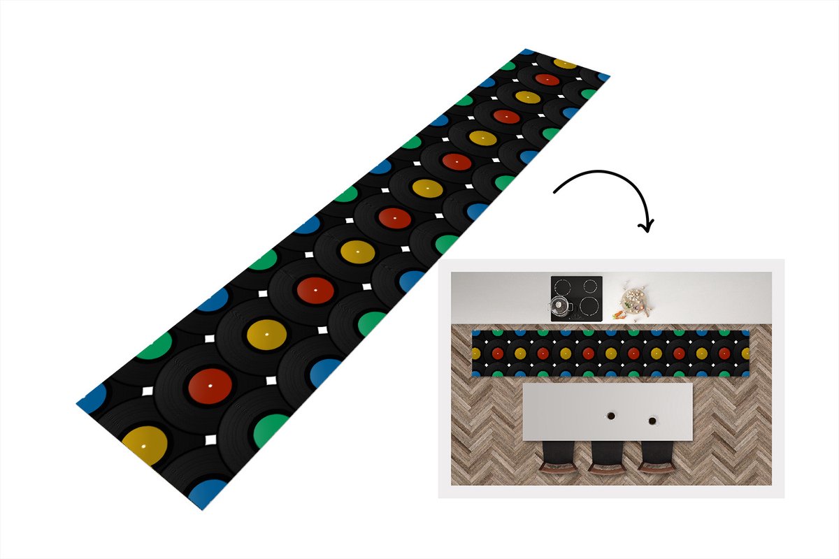 KitchenYeah Keukenloper - Loper keuken - Platen - Muziek - Patronen - 300x50 cm - Keukenloper vinyl Multicolor