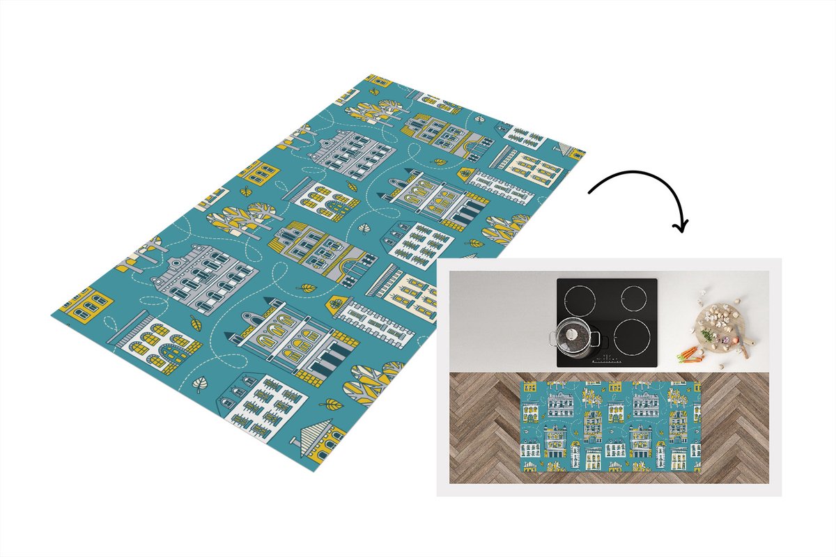 KitchenYeah Keukenloper - Loper keuken - Herfst - Patronen - Huis - 120x60 cm - Keukenloper vinyl Multicolor