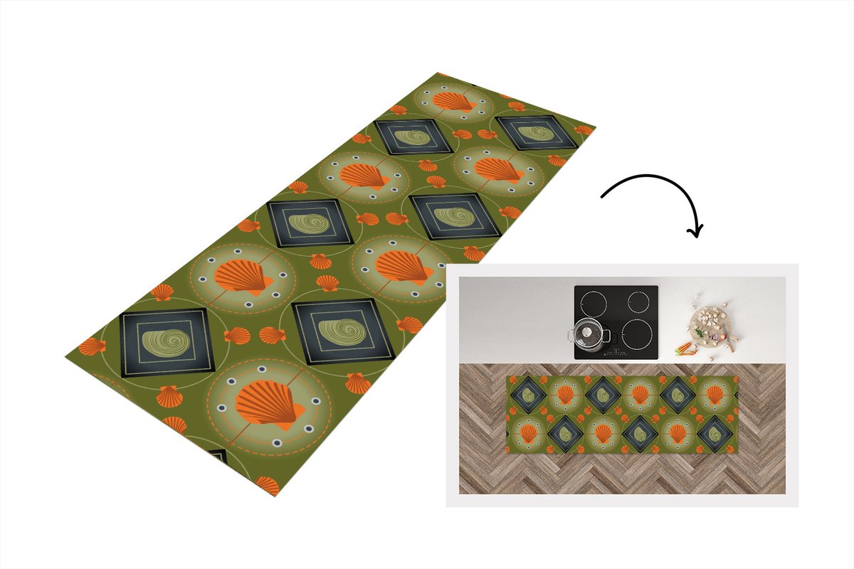 KitchenYeah Keukenloper - Loper keuken - Patchwork - Schelpen - Patronen - Zee - Strand - 150x50 cm - Keukenloper vinyl Multicolor