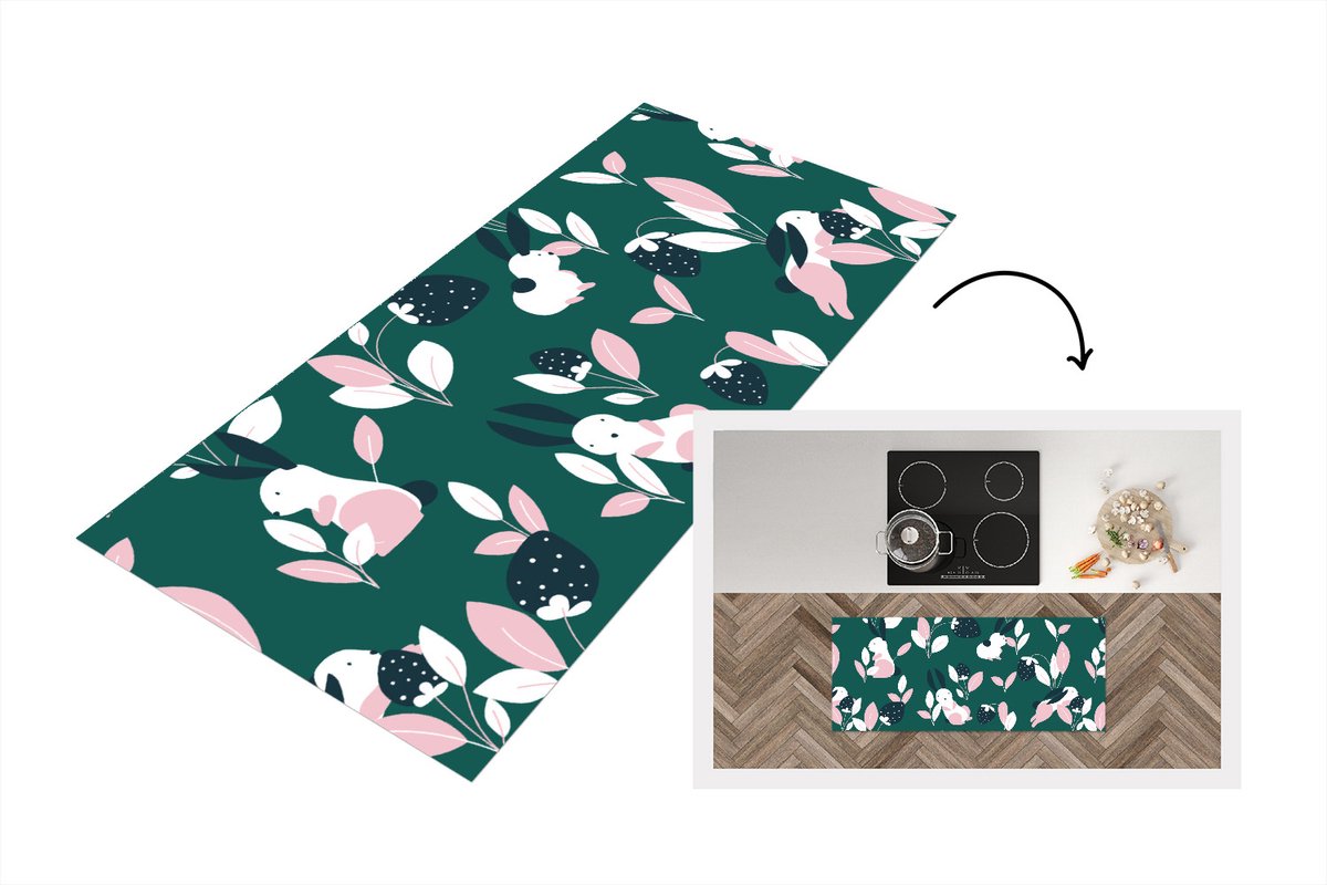 KitchenYeah Keukenloper - Loper keuken - Aardbeien - Patronen - Konijnen - Keukenloper vinyl Multicolor