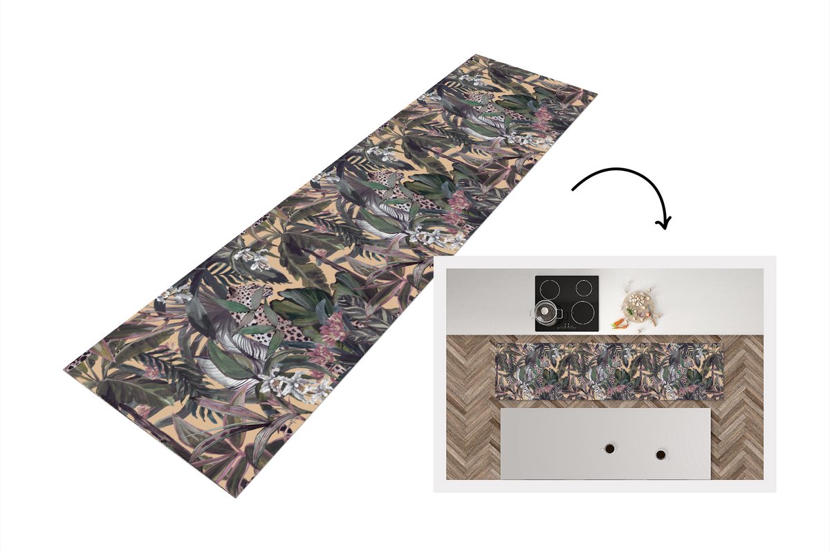 KitchenYeah Keukenloper - Loper keuken - Vintage - Jungle - Bladeren - Panter - Patronen - 200x50 cm - Keukenloper vinyl Multicolor