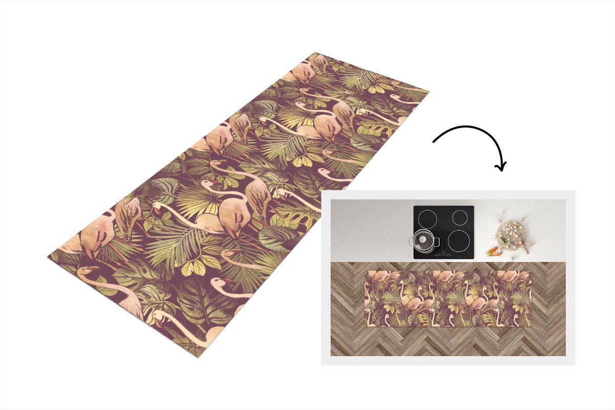 KitchenYeah Keukenloper - Loper keuken - Vintage - Flamingo - Bladeren - Jungle - Patroon - 150x50 cm - Keukenloper vinyl Multicolor
