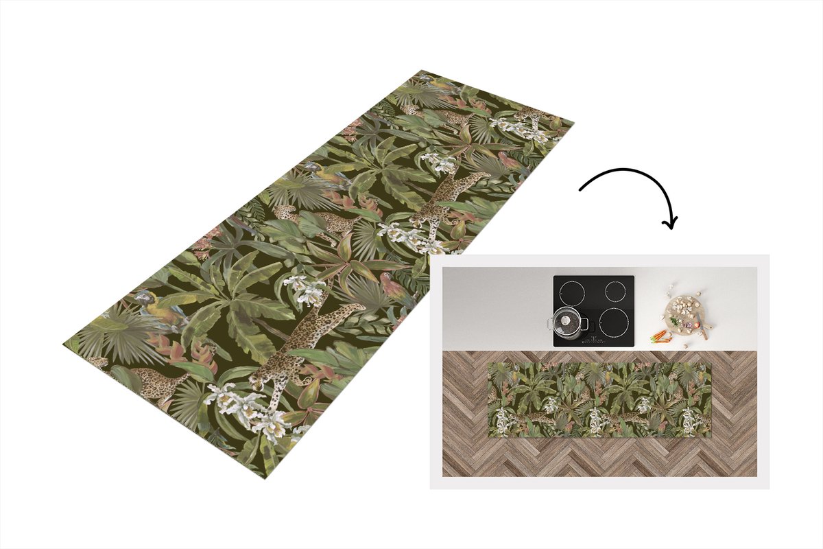 KitchenYeah Keukenloper - Loper keuken - Jungle - Dieren - Vintage - Patroon - 180x60 cm - Keukenloper vinyl Multicolor