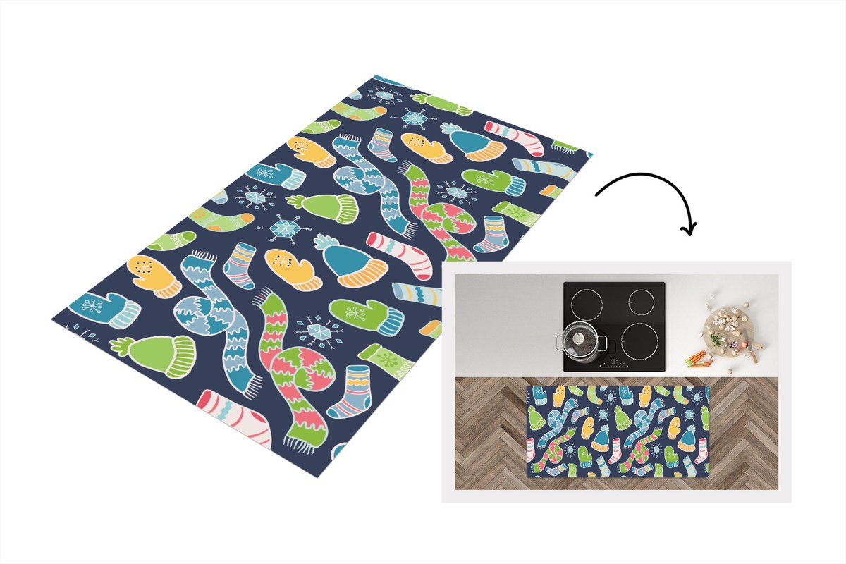 KitchenYeah Keukenloper - Loper keuken - Sjaal - Handschoenen - Muts - Regenboog - Winter - Patronen - 120x60 cm - Keukenloper vinyl Multicolor