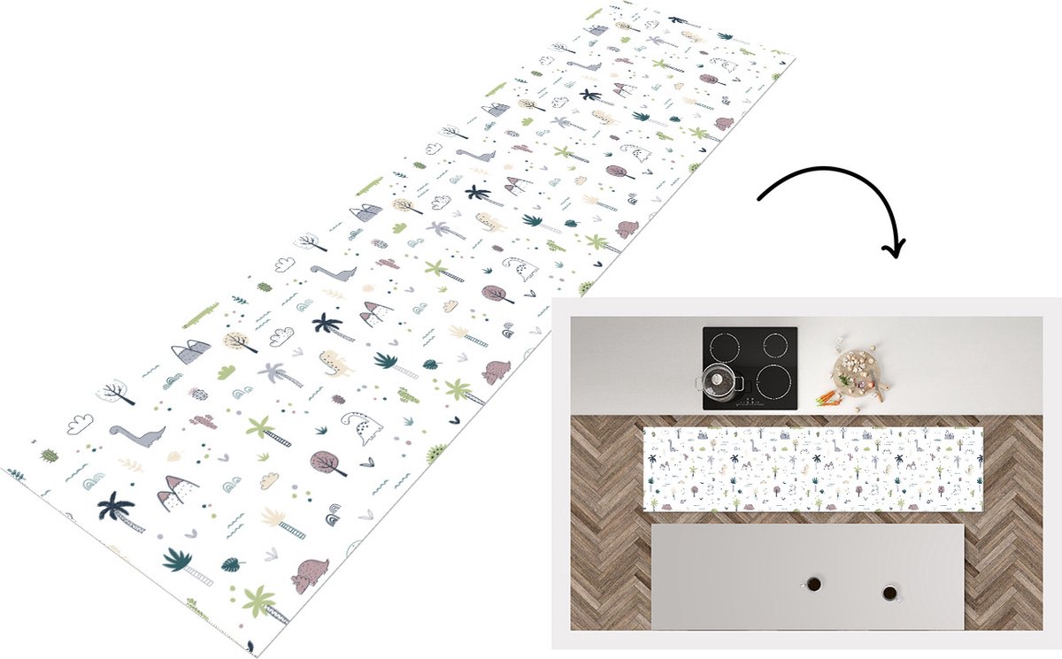 KitchenYeah Keukenloper - Loper keuken - Dinosaurus - Bomen - Patronen - 200x50 cm - Keukenloper vinyl Multicolor