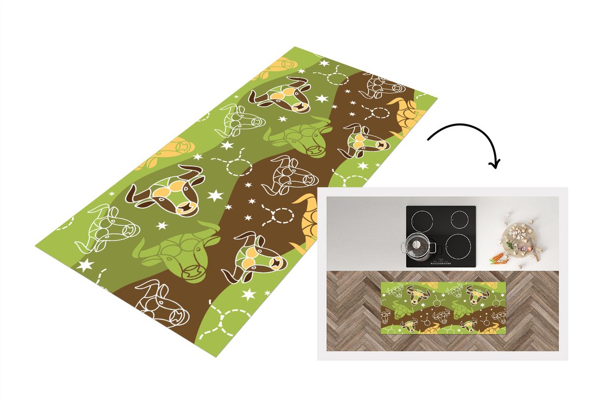 KitchenYeah Keukenloper - Loper keuken - Stier - Zodiac - Groen - Patroon - 120x50 cm - Keukenloper vinyl Multicolor