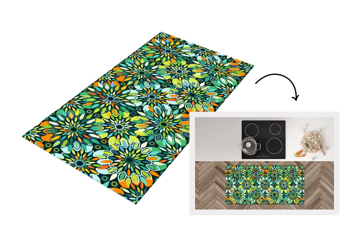 KitchenYeah Keukenloper - Loper keuken - Patroon - Mandala - Groen - 120x60 cm - Keukenloper vinyl Multicolor