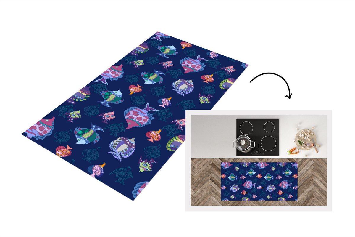 Keukenloper - Loper keuken - Vissen - Patronen - Aquarium - Regenboog - Kind - 120x60 cm - Keukenloper vinyl