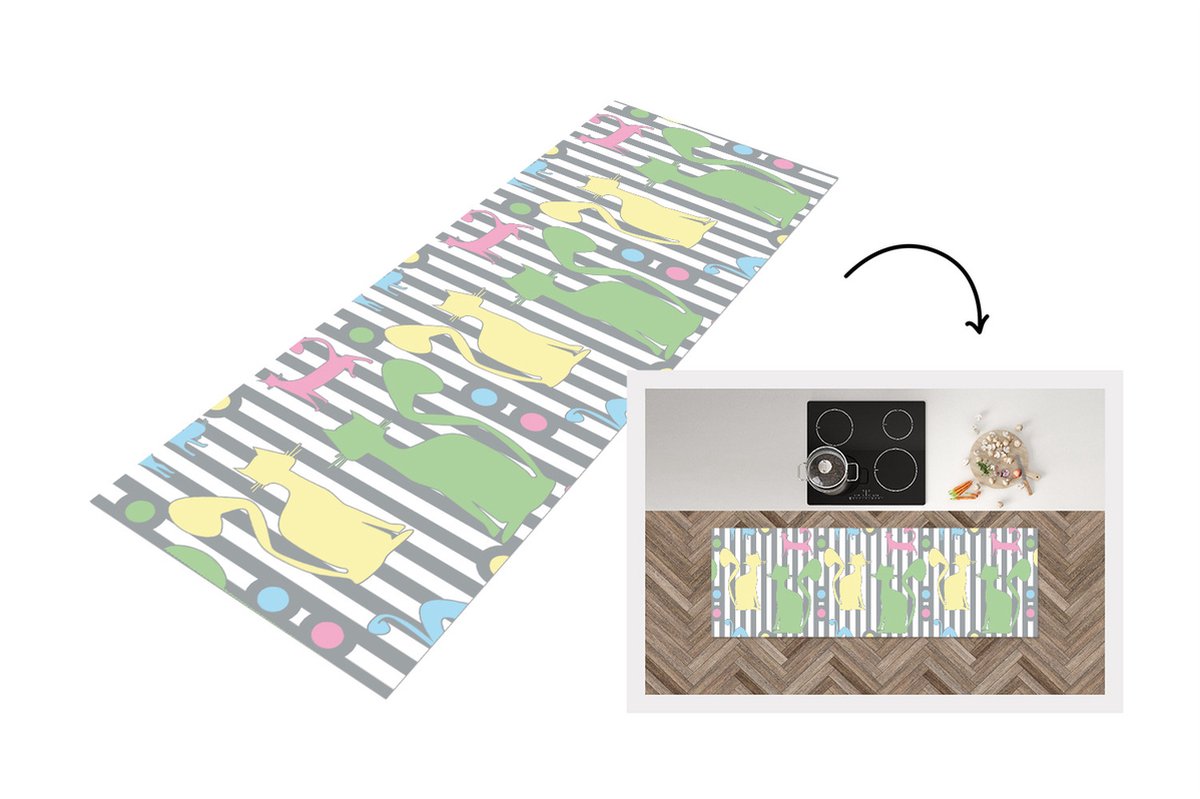 KitchenYeah Keukenloper - Loper keuken - Katten - Pastel - Dieren - 150x50 cm - Keukenloper vinyl Multicolor