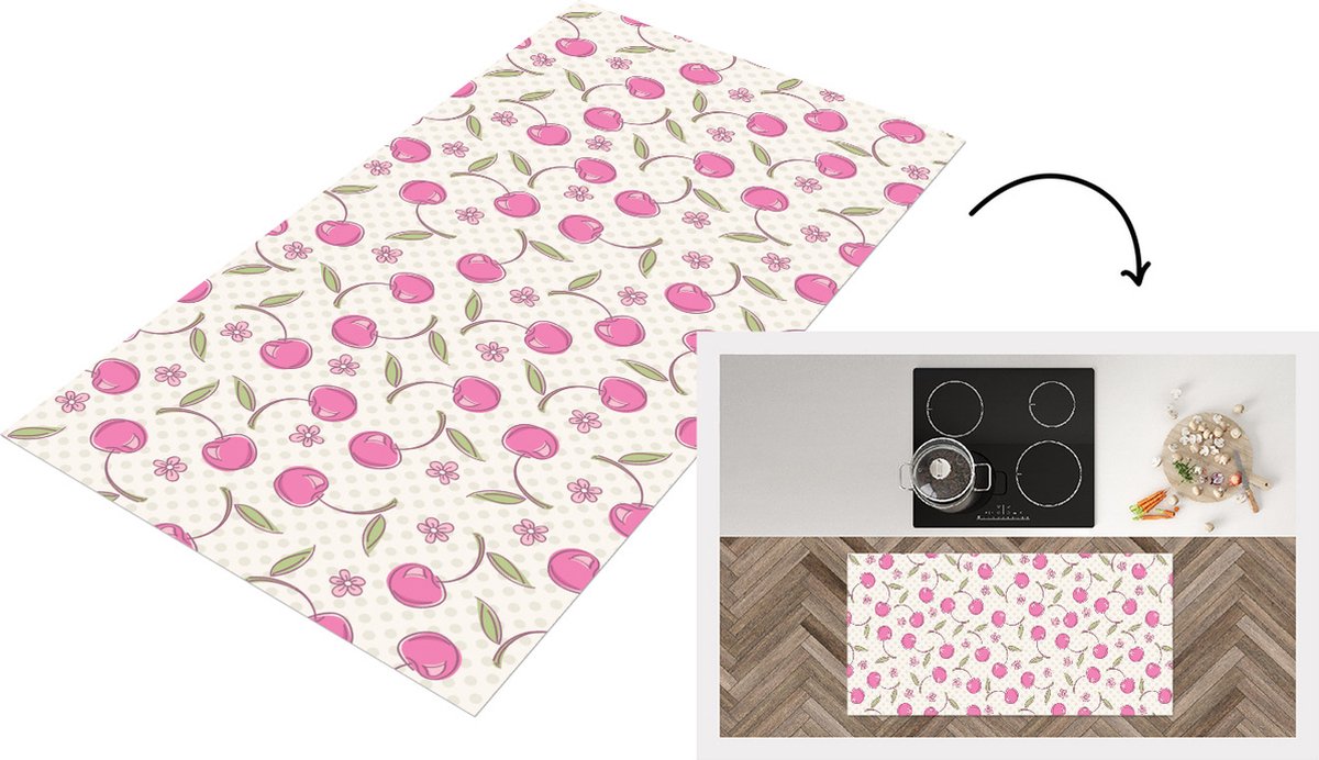 KitchenYeah Keukenloper - Loper keuken - Kersen - Bloemen - Stippen - Patronen - 120x60 cm - Keukenloper vinyl Multicolor