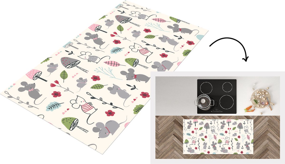 KitchenYeah Keukenloper - Loper keuken - Muizen - Patronen - Herfst - Paddenstoel - 120x60 cm - Keukenloper vinyl Multicolor