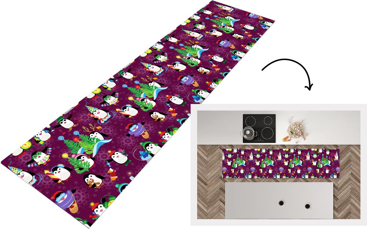 KitchenYeah Keukenloper - Loper keuken - Pinguïn - Kerstmis - Vuurwerk - Winter - Design - 200x50 cm - Keukenloper vinyl Multicolor