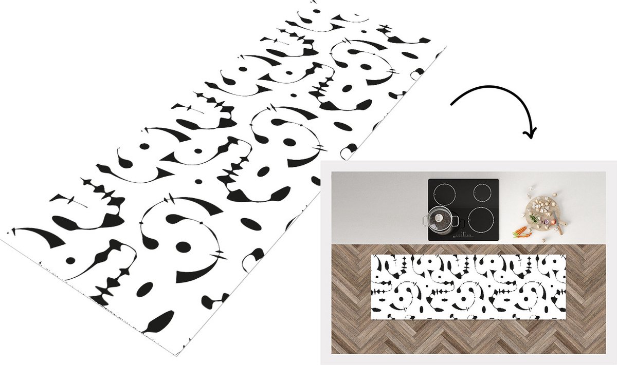 KitchenYeah Keukenloper - Loper keuken - Line Art - Abstract - Zwart Wit - Patroon - 150x50 cm - Keukenloper vinyl Zwart; Wit