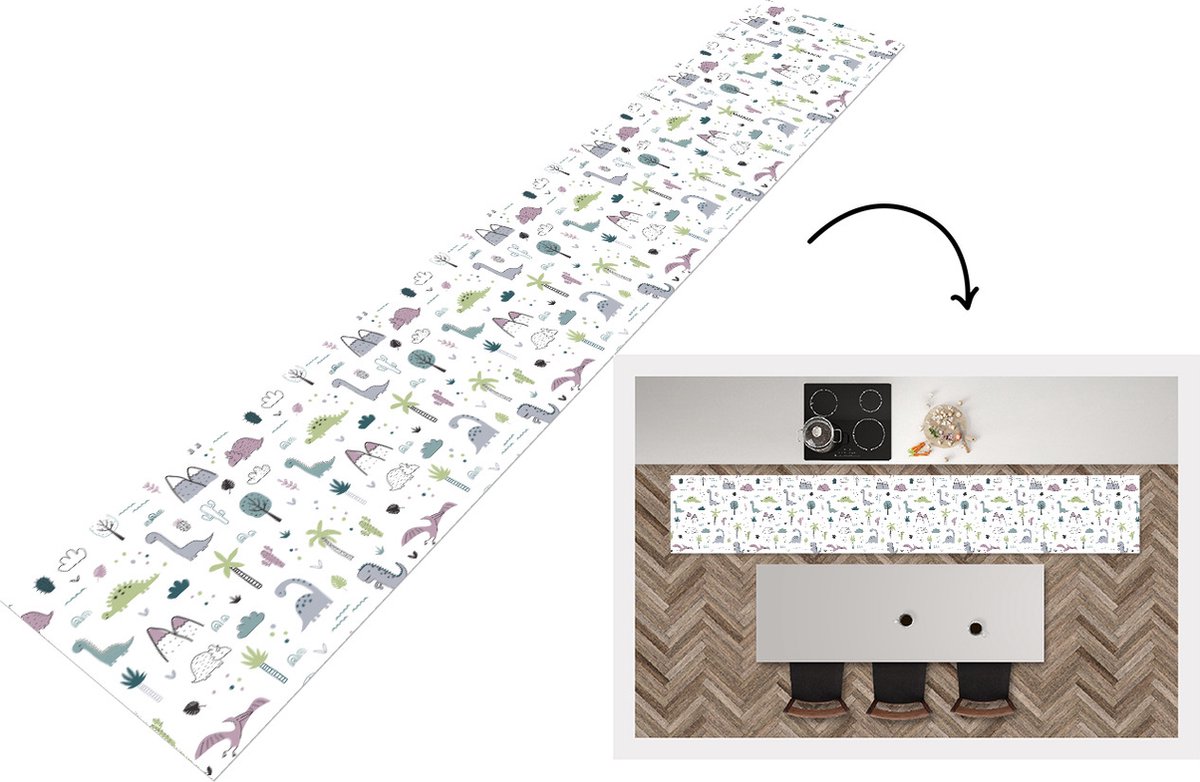 KitchenYeah Keukenloper - Loper keuken - Patroon - Dinosaurus - Kinderen - 300x50 cm - Keukenloper vinyl Multicolor
